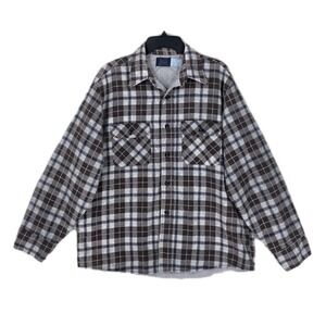 Vtg Sears Blanket Flannel Plaid Jacket Shacket Mens XL 17-17.5 Brown Gray USA